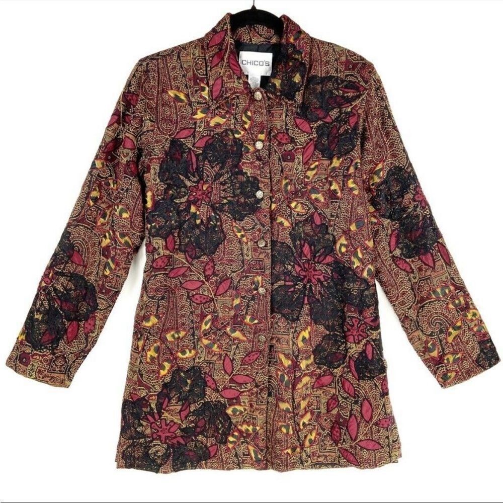 Chicos Jacket Red Floral Embroidered